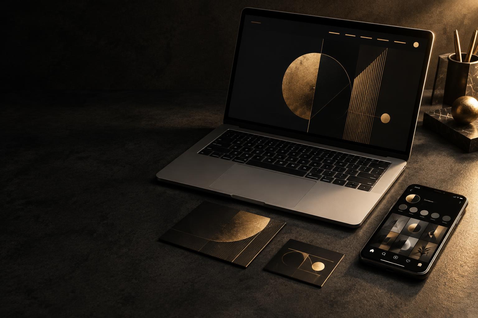 Black and gold design concept on a laptop, smartphone, and printed brand cards